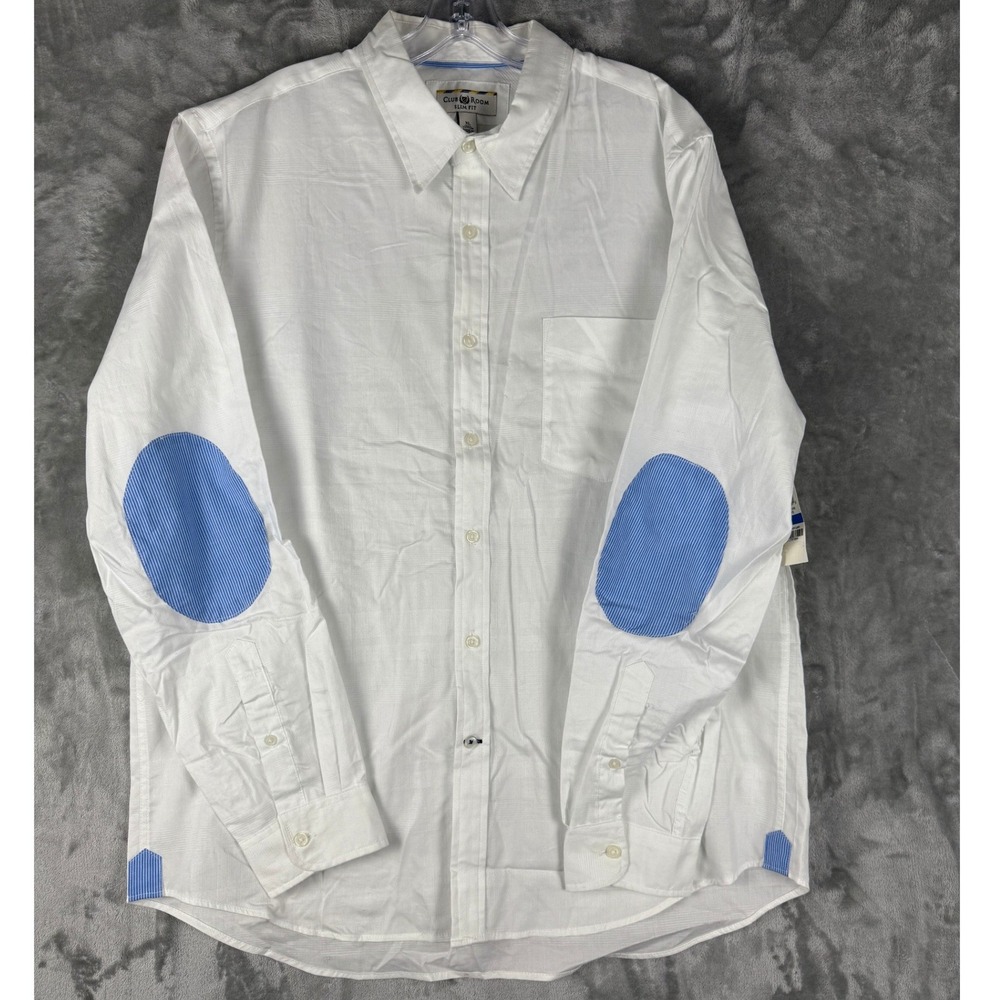 Club Room Men White Slim Fit Button Down Shirt XL Cotton Elbow‎ Patches